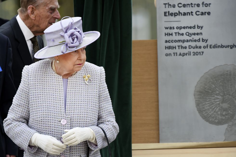 ZSL WHIPSNADE, UNITED KINGDOM - APRIL 11:Picture shows the Queen and Prince Philip by the plaqueon April 11, 2017 in ZSL Whipsnade, England.The Queen formally opened a new elephant centre at Whipsnade Zooon April 11, 2017. She was joined by the Duke of Edinburgh and formally unveil a special plaque. The £2m centre will house the zoo's herd of nine Asian elephants. Her Majesty and His Royal Highness met zookeepers and vets, before visiting the amphitheatre for the official opening. The custom-designed barn, which has one-metre deep soft sand flooring, is set among 20 acres of paddocks for the herd and has cost around £2million to construct. The Queen, who is patron of the ZSL, arrived in her Bentley State limousine before watching the elephant team carry out daily care tasks such as nail filing and mouth care this morning.PHOTOGRAPH BY Tony Margiocchi / Barcroft ImagesLondon-T:+44 207 033 1031 E:hello@barcroftmedia.com -New York-T:+1 212 796 2458 E:hello@barcroftusa.com -New Delhi-T:+91 11 4053 2429 E:hello@barcroftindia.com www.barcroftimages.com (Photo credit should read Tony Margiocchi/Barcroft Images / Barcroft Media via Getty Images)