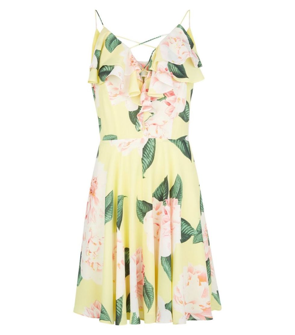Clothing, Day dress, Dress, Green, Yellow, Cocktail dress, Neck, Sleeve, One-piece garment, A-line, 