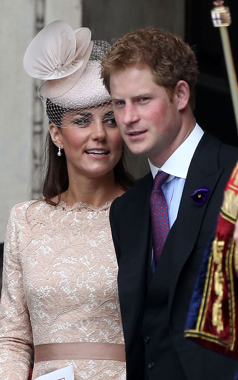 LONDON, ENGLAND - JUNE 05: Catherine, Duchess of Cambridge and Prince Harry depart the Service of Thanksgiving at St Paul's Cathedral as part of the Diamond Jubilee, marking the 60th anniversary of the accession of Queen Elizabeth II on June 5, 2012 in London, England.  (Photo by Danny Martindale/WireImage)