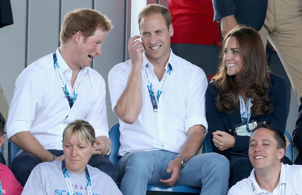 GLASGOW, SCOTLAND - JULY 28:  Prince Harry, Prince William, Duke of Cambridge and Catherine, Duchess of Cambridge watch Scotland Play Wales at Hockey at the Glasgow National Hockey Centre during the 20th Commonwealth games on July 28, 2014 in Glasgow, Scotland.  (Photo by Chris Jackson/Getty Images)