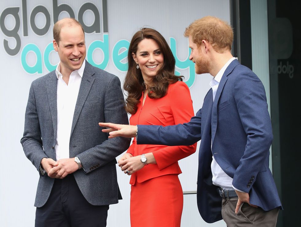 HAYES, ENGLAND - APRIL 20:  Prince William, Duke of Cambridge, Catherine, Duchess of Cambridge and Prince Harry depart after attending the official opening of The Global Academy in support of Heads Together at The Global Academy on April 20, 2017 in Hayes, England.  The Global Academy is a state school founded and operated by Global, The Media &amp; Entertainment Group and will educate students for careers in broadcast and digital media.  (Photo by Chris Jackson/Getty Images)