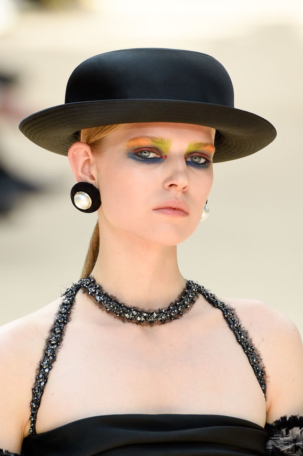 PARIS, FRANCE - JULY 04:  A model, hat detail, walks the runway during the Chanel Haute Couture Fall/Winter 2017-2018 show as part of Haute Couture Paris Fashion Week on July 4, 2017 in Paris, France.  (Photo by Peter White/Getty Images)