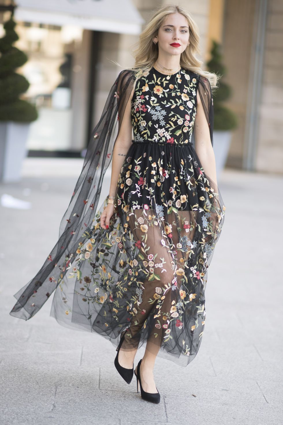 PARIS, FRANCE - JULY 04:  Chiara Ferragni seen wearing a Dior dress after the Dior Haute Coutoure show in the streets of Paris during Haute Couture  on July 4, 2017 in Paris, France.  (Photo by Timur Emek/Getty Images)