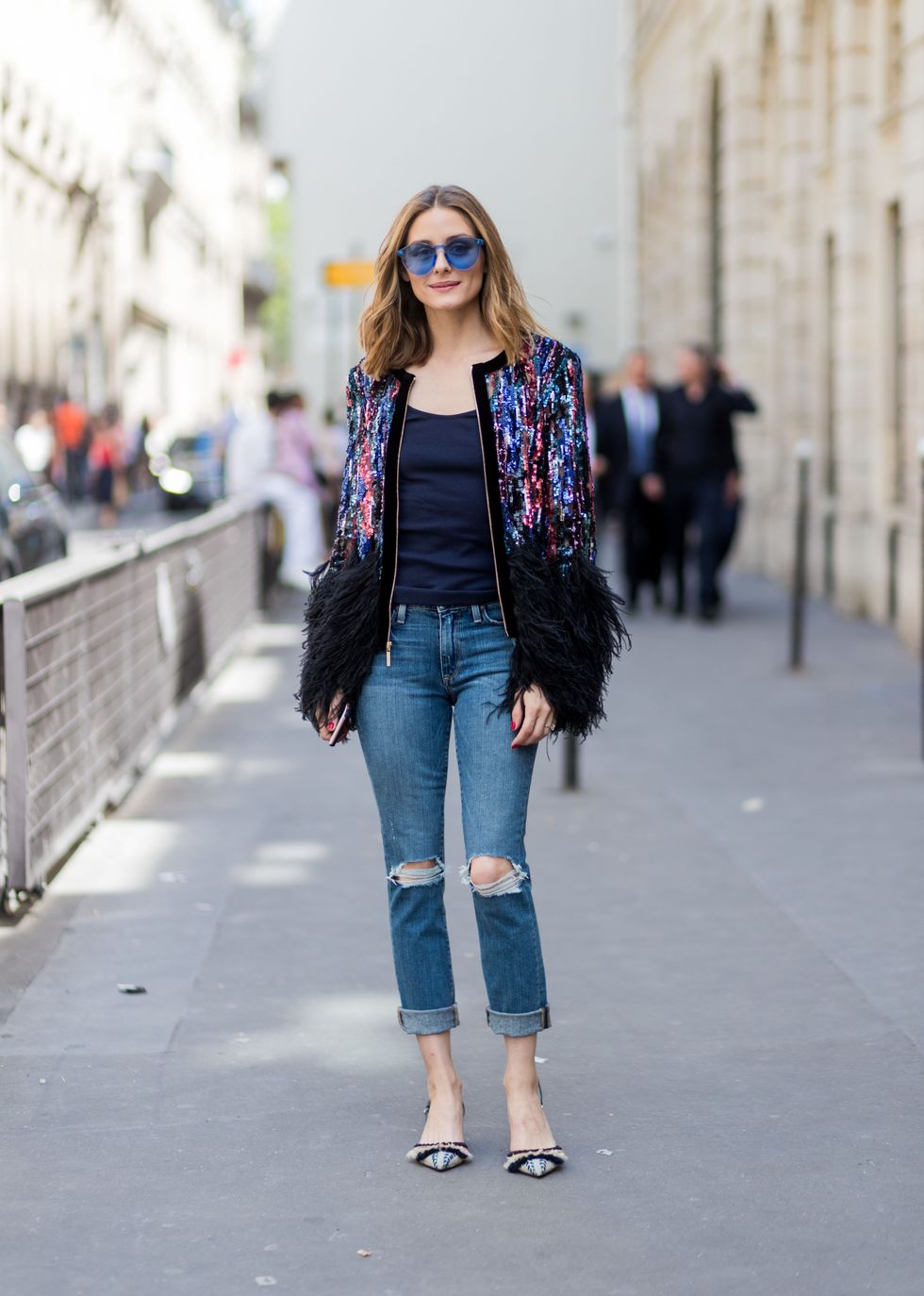 PARIS, FRANCE - JULY 05: Olivia Palermo wearing ripped denim jeans, glitter jacket, blue sunglasses, navy tshirt, heels outside Elie Saab during Paris Fashion Week - Haute Couture Fall/Winter 2017-2018 : Day Four on July 5, 2017 in Paris, France. (Photo by Christian Vierig/Getty Images)