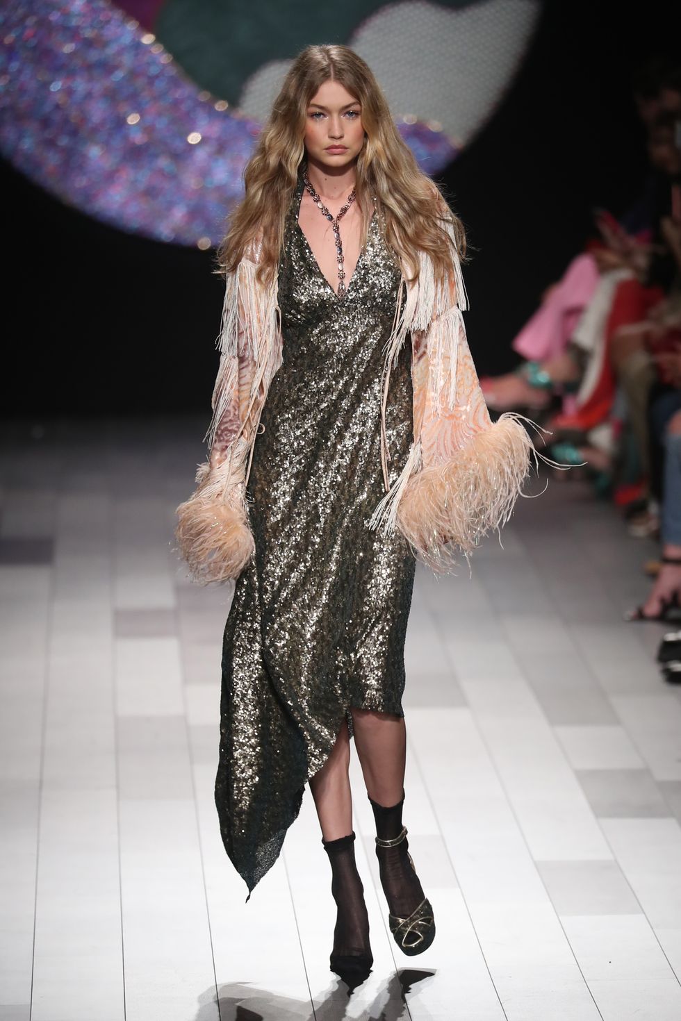 NEW YORK, NY - SEPTEMBER 11:  Gigi Hadid walks the runway at Anna Su show during New York Fashion Week at Gallery 1, Skylight Clarkson Sq on September 11, 2017 in New York City.  (Photo by Antonio de Moraes Barros Filho/FilmMagic)