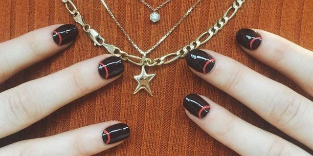 Nail, Finger, Manicure, Nail polish, Nail care, Hand, Cosmetics, Fashion accessory, Necklace, Material property, 