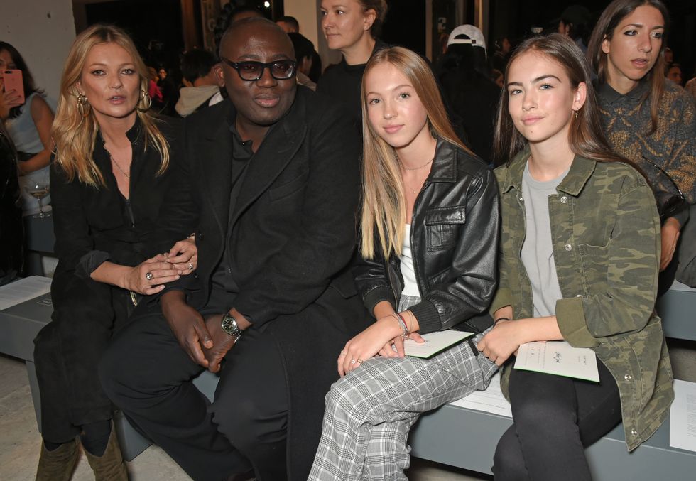LONDON, ENGLAND - SEPTEMBER 17:  (L to R) Kate Moss, Edward Enninful, Lila Grace Moss Hack and Stella Jones attend Topshop's London Fashion Week show on September 17, 2017 in London, England.  (Photo by David M. Benett/Dave Benett/Getty Images for TOPSHOP)