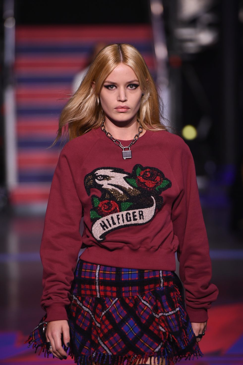 LONDON, ENGLAND - SEPTEMBER 19:  A model walks the runway at the Tommy Hilfiger TOMMYNOW Fall 2017 Show during London Fashion Week September 2017 at the Roundhouse on September 19, 2017 in London, England.  (Photo by Ian Gavan/Getty Images for Tommy Hilfiger)