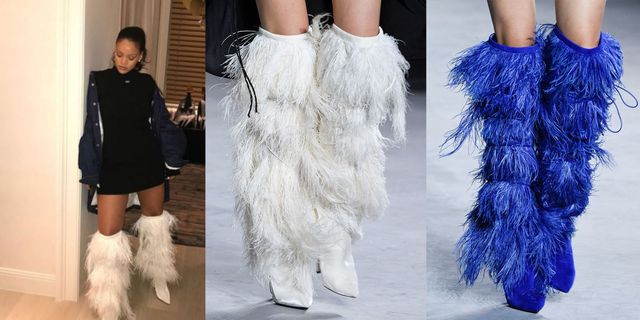 White, Fashion, Fur, Blue, Haute couture, Footwear, Feather, Electric blue, Boot, Leg, 