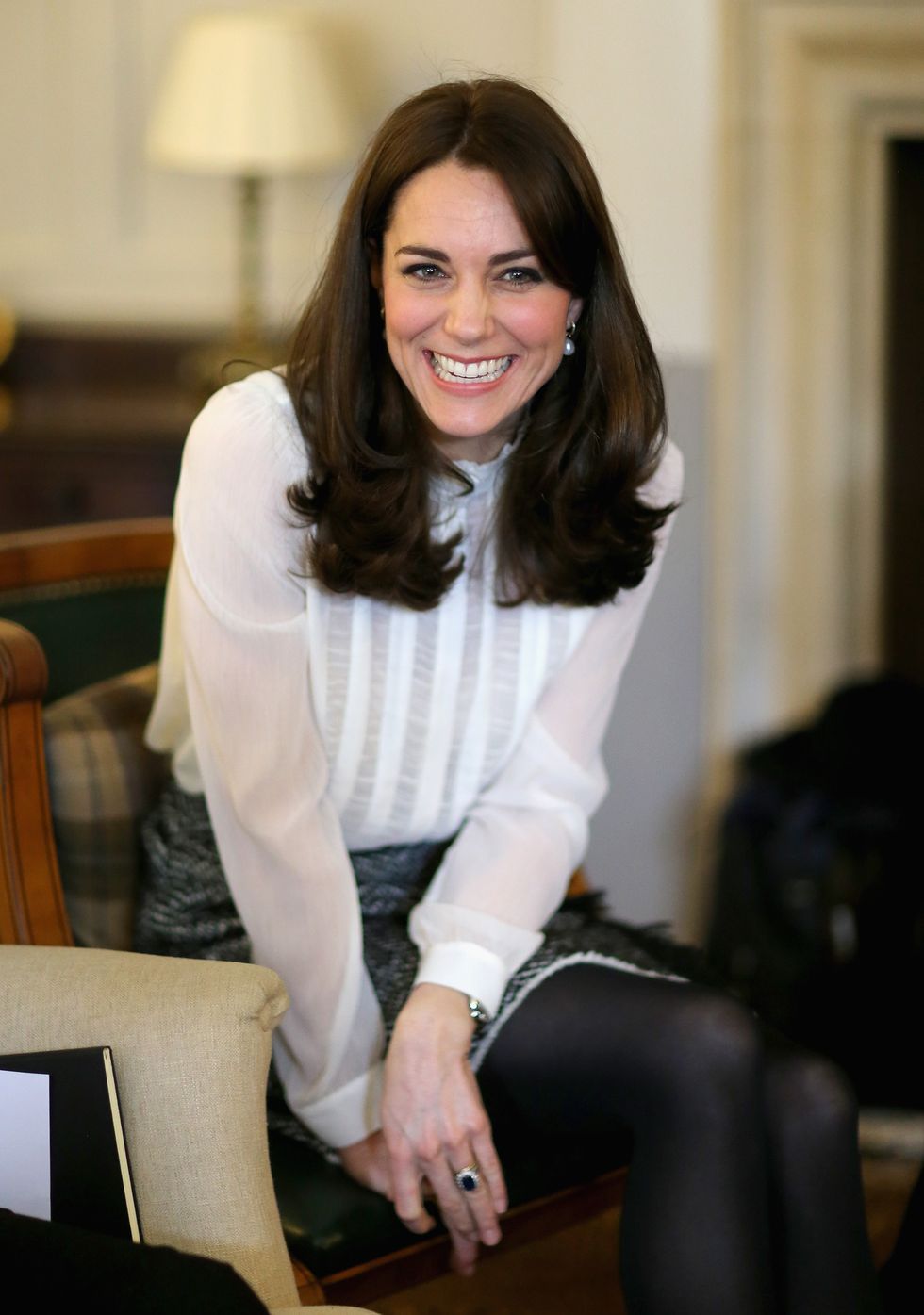 LONDON, ENGLAND - FEBRUARY 17:  Catherine, Duchess of Cambridge talks to children from the 'Real Truth' video blog that features on the Huffington Post website at Kensington Palace on February 17, 2016 in London, England. The Duchess of Cambridge is supporting the launch of the Huffington Post UK's initiative 'Young Minds Matter' by guest editing the Huffington Post UK today from Kensington Palace.  (Photo by Chris Jackson - WPA Pool/Getty Images)