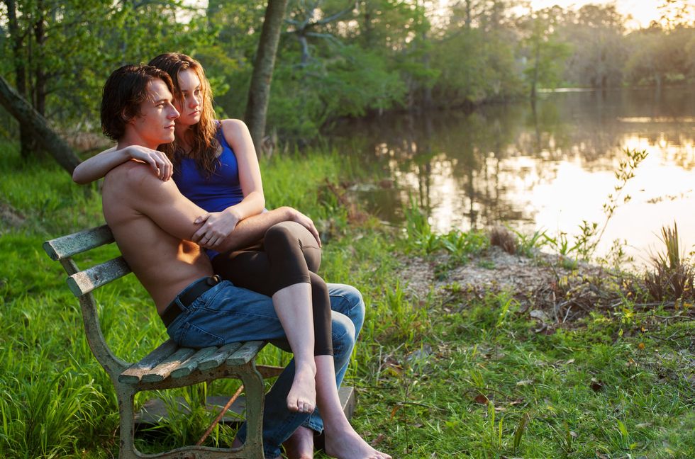 Leg, Human, Jeans, Bank, Sitting, People in nature, Summer, Comfort, Sunlight, Pond, 