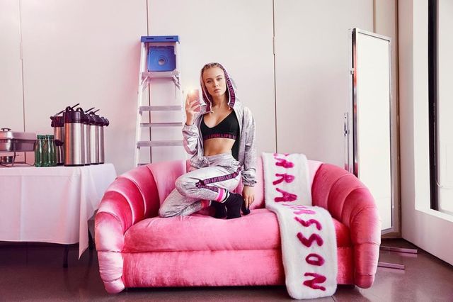 Pink, Couch, Furniture, Beauty, Room, Blond, Fashion, Sitting, Leg, Photography, 