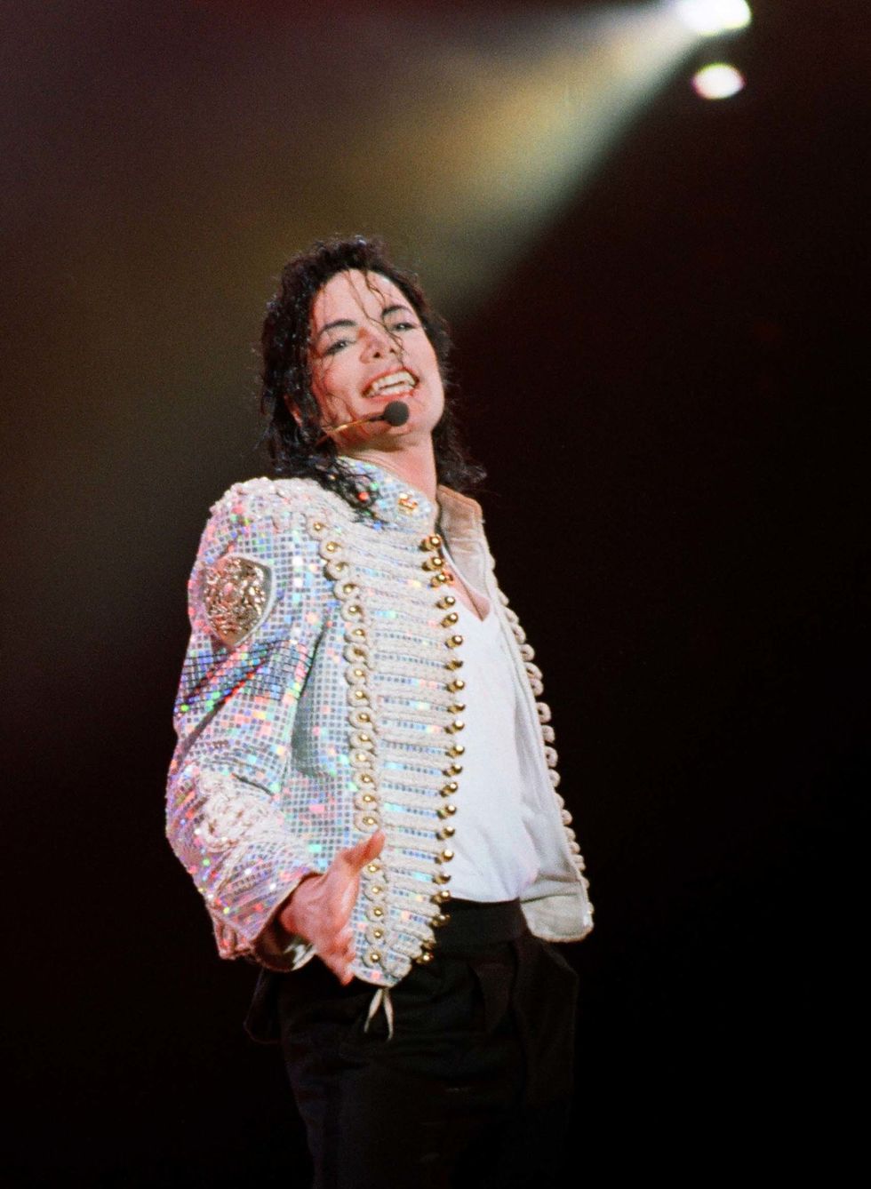 American singer Michael Jackson (1958 - 2009) performing at Wembley Stadium, London, during the HIStory World Tour, 15th July 1997. (Photo by Dave Benett/Getty Images)