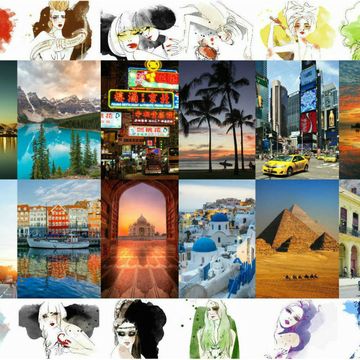 Collage, Landmark, Colorfulness, Tourist attraction, Graphic design, Stock photography, Photographic paper, Photomontage, Palm tree, 