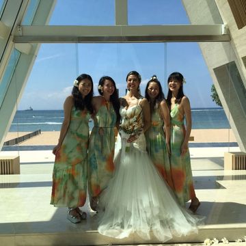 Blue, Dress, Photograph, Bridal clothing, Happy, Formal wear, Summer, Aqua, Wedding dress, Gown, 