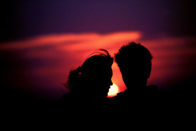 Romance, Love, Backlighting, Sky, Photography, Silhouette, Flash photography, Heat, Evening, 