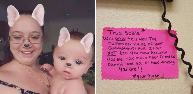 ママと赤ちゃん／病院で、体重計に貼られていたメモ「体重計は数字を測るだけで、あなたの美しさを測るものではありません」