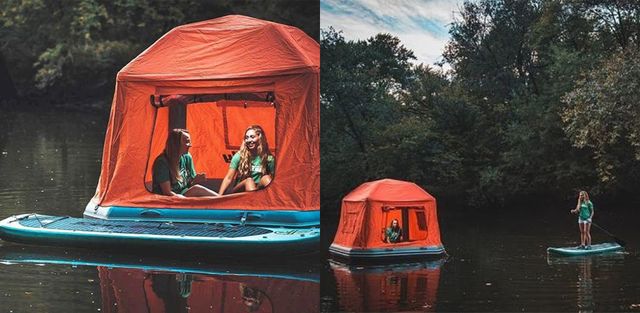 水の上でキャンプができる「水上テント」で楽しそうな女性たち
