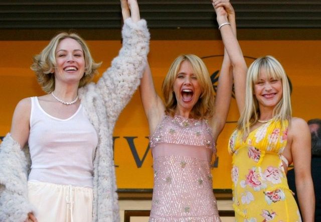 55th Cannes film festival: Stairs of 'Searching for Debra Winger' and 'Marie-Jo et ses deux amours' In Cannes,
left : Sharon Stone, Rosanna Arquette and Patricia Arquette. Jewels in Diamonds. (Photo by Pool BENAINOUS/DUCLOS/Gamma-Rapho via Getty Images)