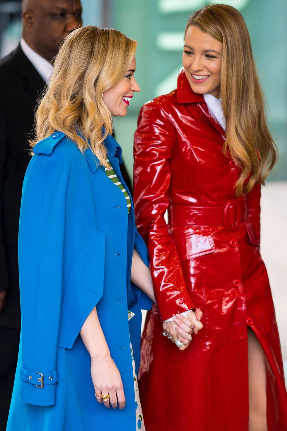Clothing, Red, Blond, Electric blue, Cobalt blue, Fashion, Outerwear, Dress, Long hair, Leather, 