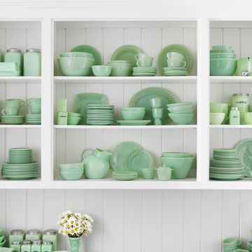 vintage jadeite dishware on shelves