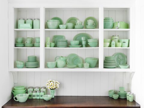 Green, Dishware, Room, Porcelain, Serveware, Teal, Turquoise, Shelving, Interior design, Wall, 