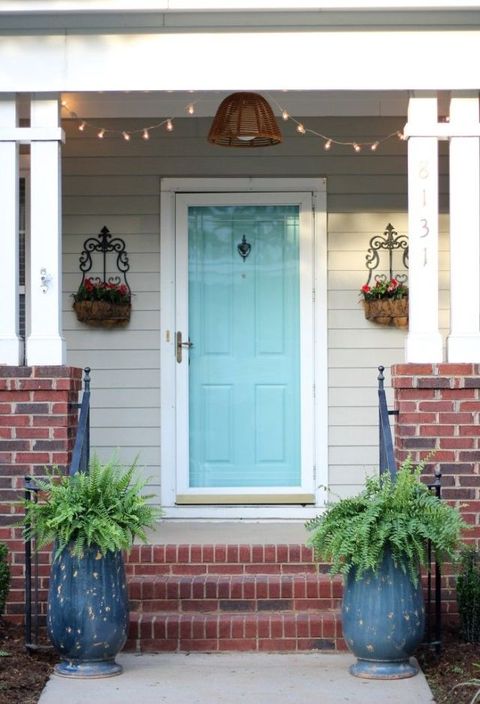 Flowerpot, Plant, House, Door, Brick, Home door, Light fixture, Fixture, Door handle, Teal, 