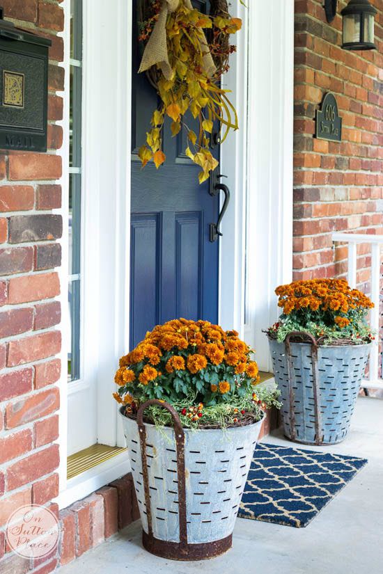 fall porch decorating ideas with orange mums planted in olive buckets flanking a navy blue front door