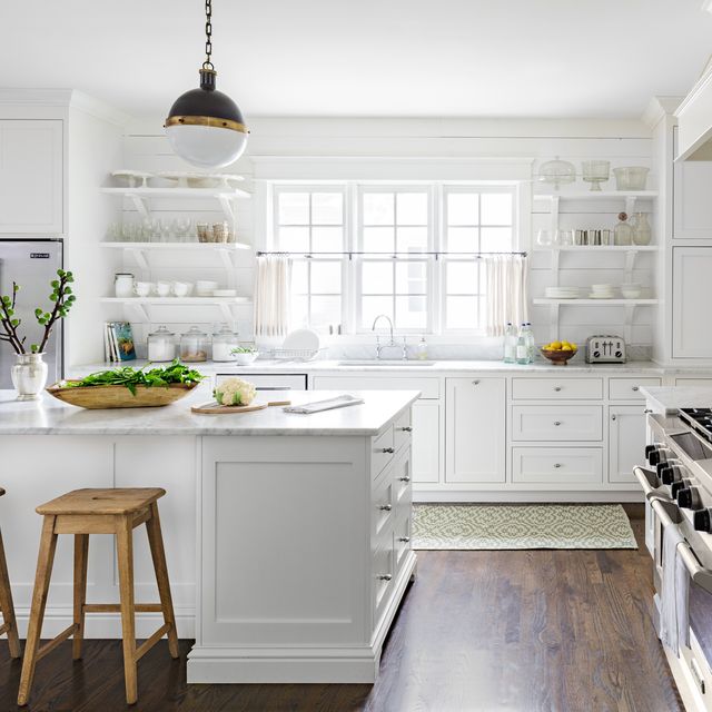 all white farmhouse style kitchen