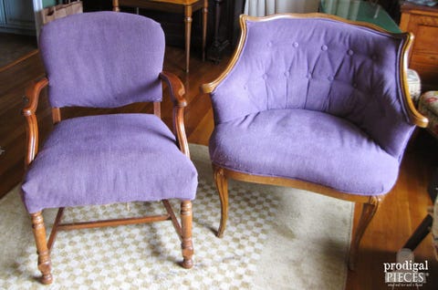 Furniture, Chair, Purple, Room, Slipcover, Interior design, Plant, Couch, Hardwood, 