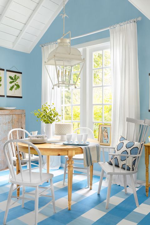 Room, Furniture, Dining room, White, Blue, Interior design, Table, Turquoise, Yellow, Property, 
