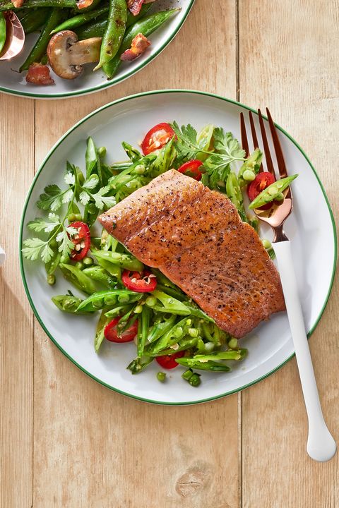 Farm fresh recipe for gingery snap pea slaw with seared salmon.