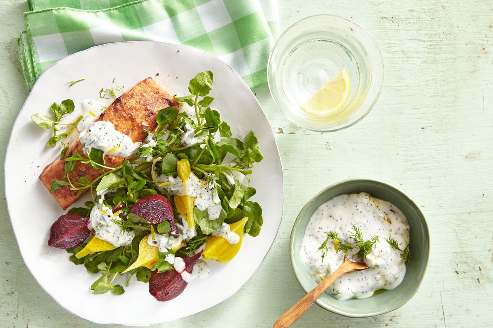 winner dinner recipe for salmon and beets with yogurt sauce over watercress
