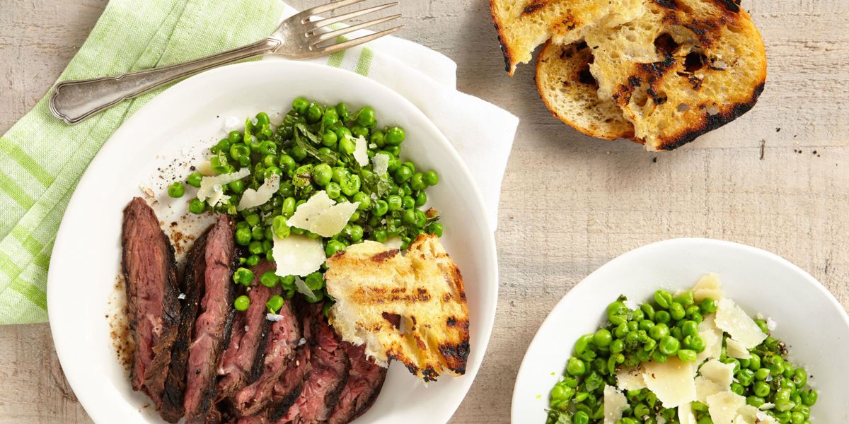 Grilled CuminRubbed Hanger Steak with Smashed Minty Peas and Grilled