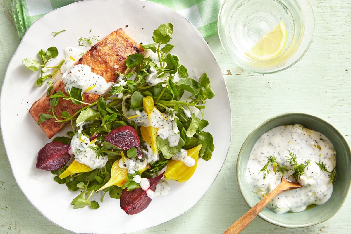 winner dinner recipe for salmon and beets with yogurt sauce over watercress