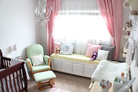 Room, Interior design, Green, Textile, Furniture, Home, Pink, Interior design, Window treatment, Floor, 