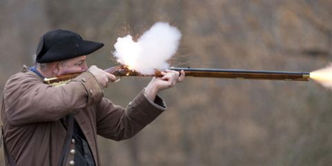 Human, Brown, Cap, Shooting, Smoke, Flame, Shotgun, Jacket, Fire, Gun barrel,