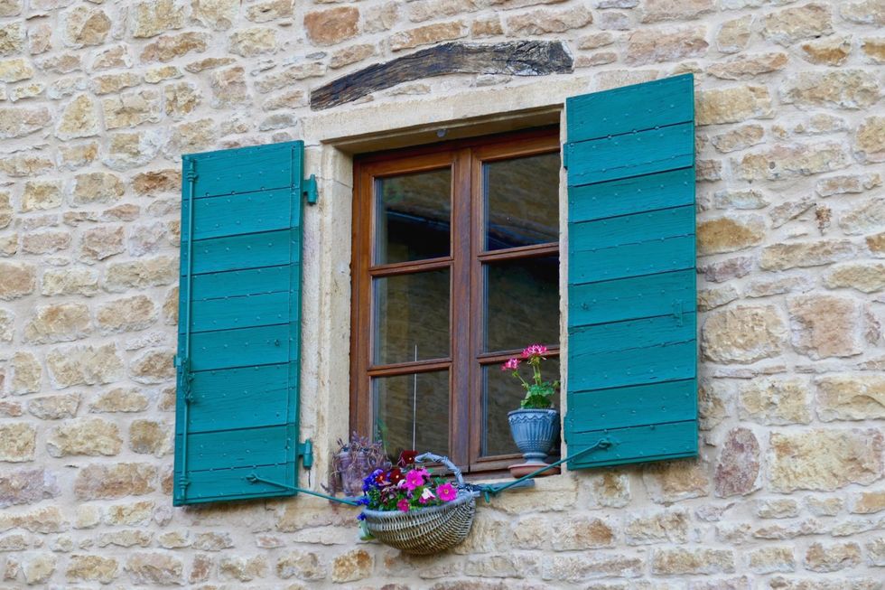 Blue, Wood, Flowerpot, Green, Window, Wall, Purple, Brick, House, Fixture, 