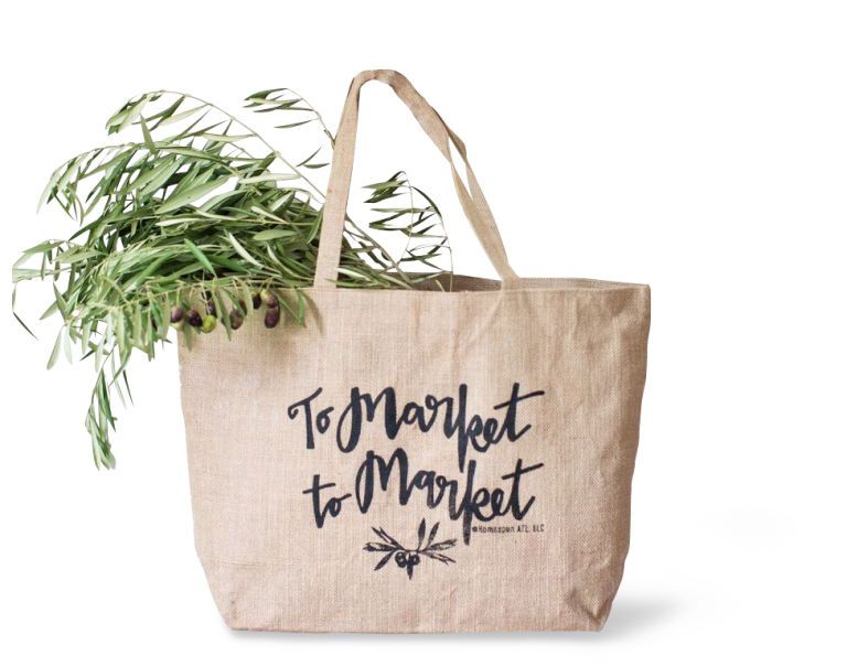 <p>"Fruit and veggie stands. The food tastes better, and I know I'm supporting people who do things right." <em>Market Tote, $32; <a href="https://www.etsy.com/listing/87420014/to-market-to-market-burlap-market-tote?ref=shop_home_feat_1" target="_blank">HomespunATL.etsy.com</a></em></p>