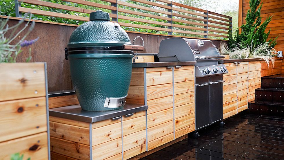 wood and metal kitchen countertop and grills in outdoor kitchen ideas