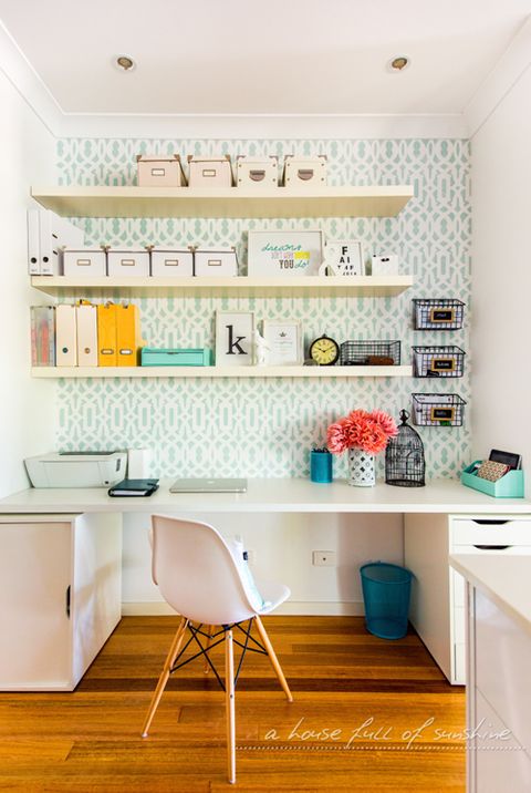 Shelf, Furniture, Room, Interior design, Turquoise, Wall, Yellow, Shelving, Building, Desk, 