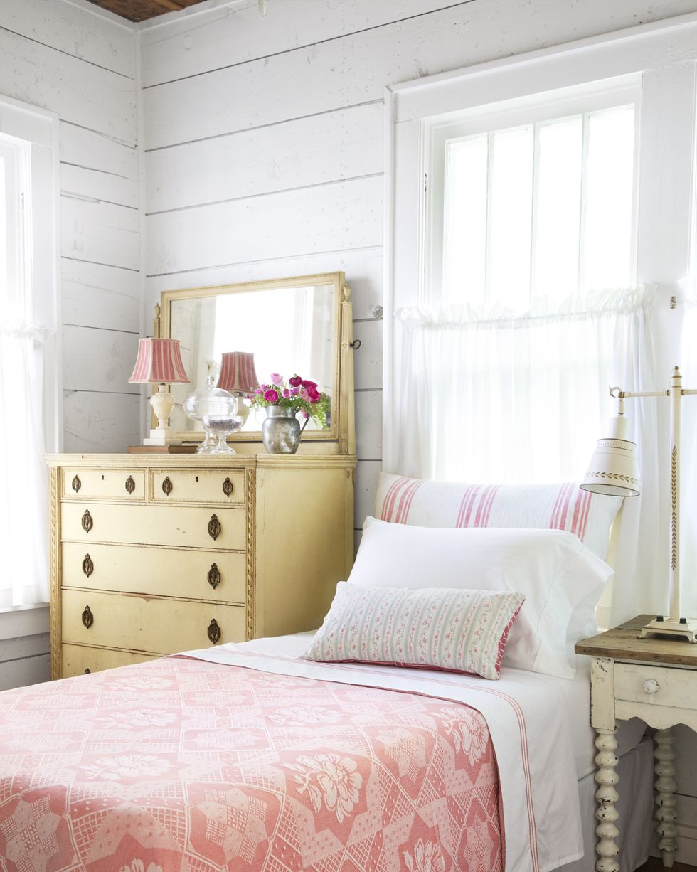 pink and white farmhouse bedroom