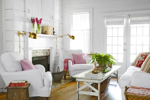 white farmhouse style living room ,