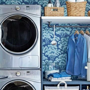 Blue, Room, Major appliance, Laundry room, Washing machine, Clothes dryer, Home appliance, Floor, Aqua, Azure, 