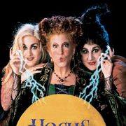 hocus pocus movie poster showing three witches standing with each other as the middle witch has lightning bolts coming from her hands