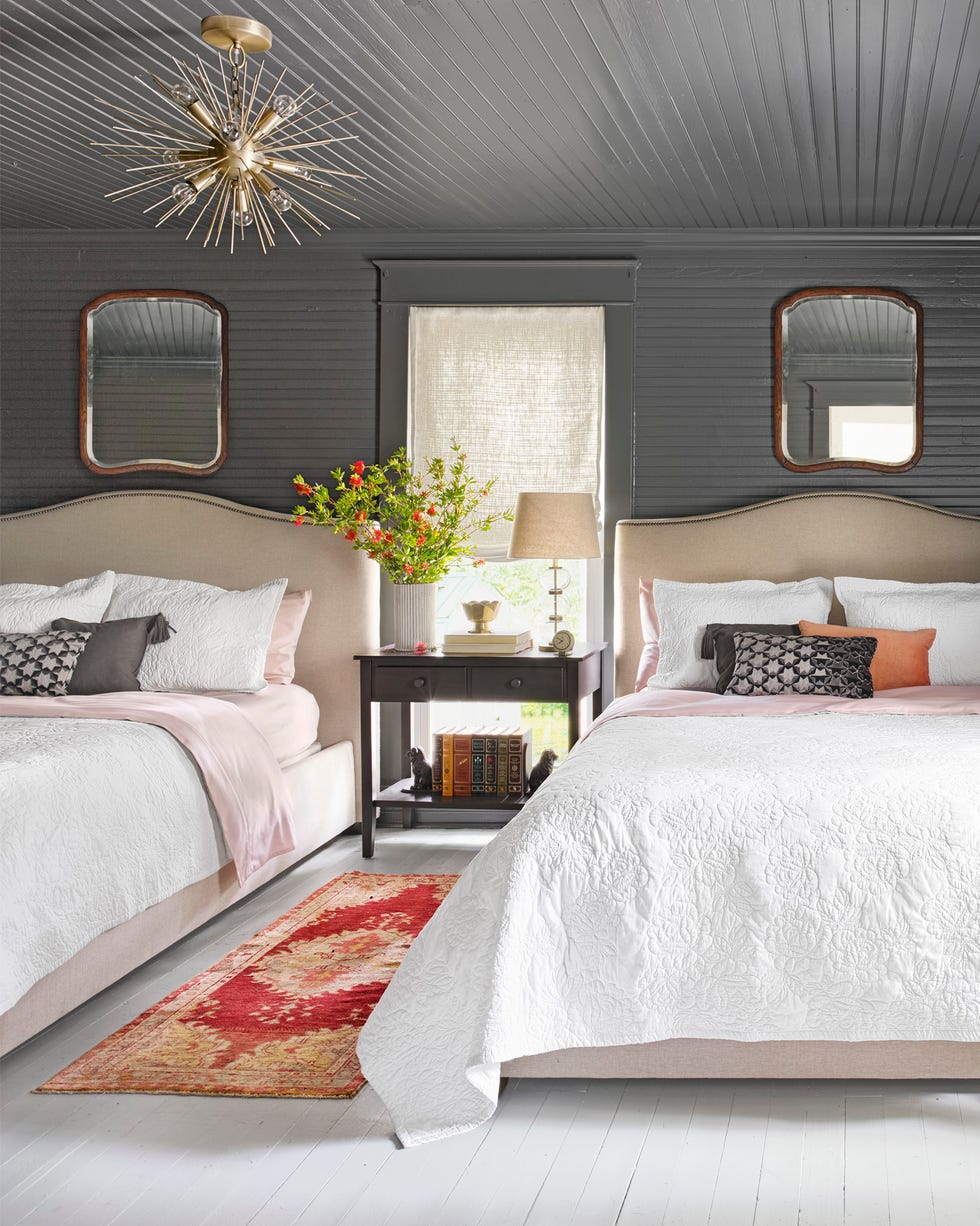 cozy bedroom design ideas makeover takeover 2016 guest room a dark gray bedroom with two upholstered beds topped with white coverlets