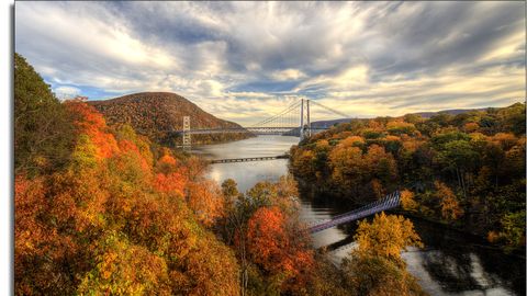 Nature, Natural landscape, Bridge, Cloud, Leaf, Landscape, Deciduous, Suspension bridge, Autumn, Highland, 
