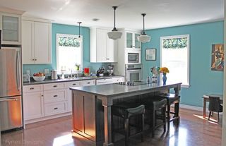 Room, Blue, Green, Interior design, Property, Floor, Furniture, Plumbing fixture, Home, Kitchen, 
