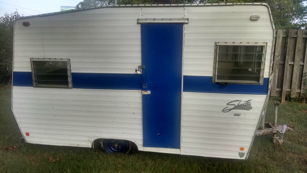 Authentic Handmade Rustic Looking Cutout, Shaped & Welded Large Blue and White Shasta Style store RV Trailer - Wheels Are Stationary