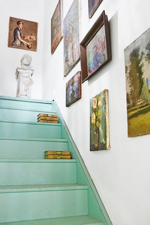 Green, Wall, Yellow, Room, Interior design, Stairs, Art, Visual arts, Collection, Art gallery, 